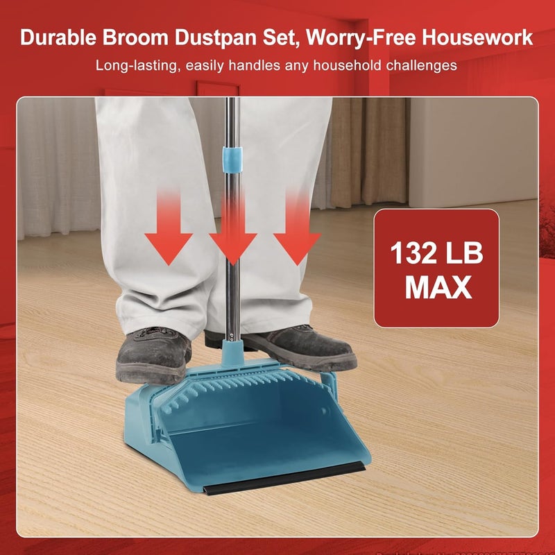 Tiumso Upgrade Broom and Dustpan Set, Broom with Dustpan Combo Sets, Large Brooms and Dust Pan with Handle, Self-Cleaning Dust Pans, Heavy Duty Broom and Dustpans Set for Lobby Kitchen Office - Green - Image 2